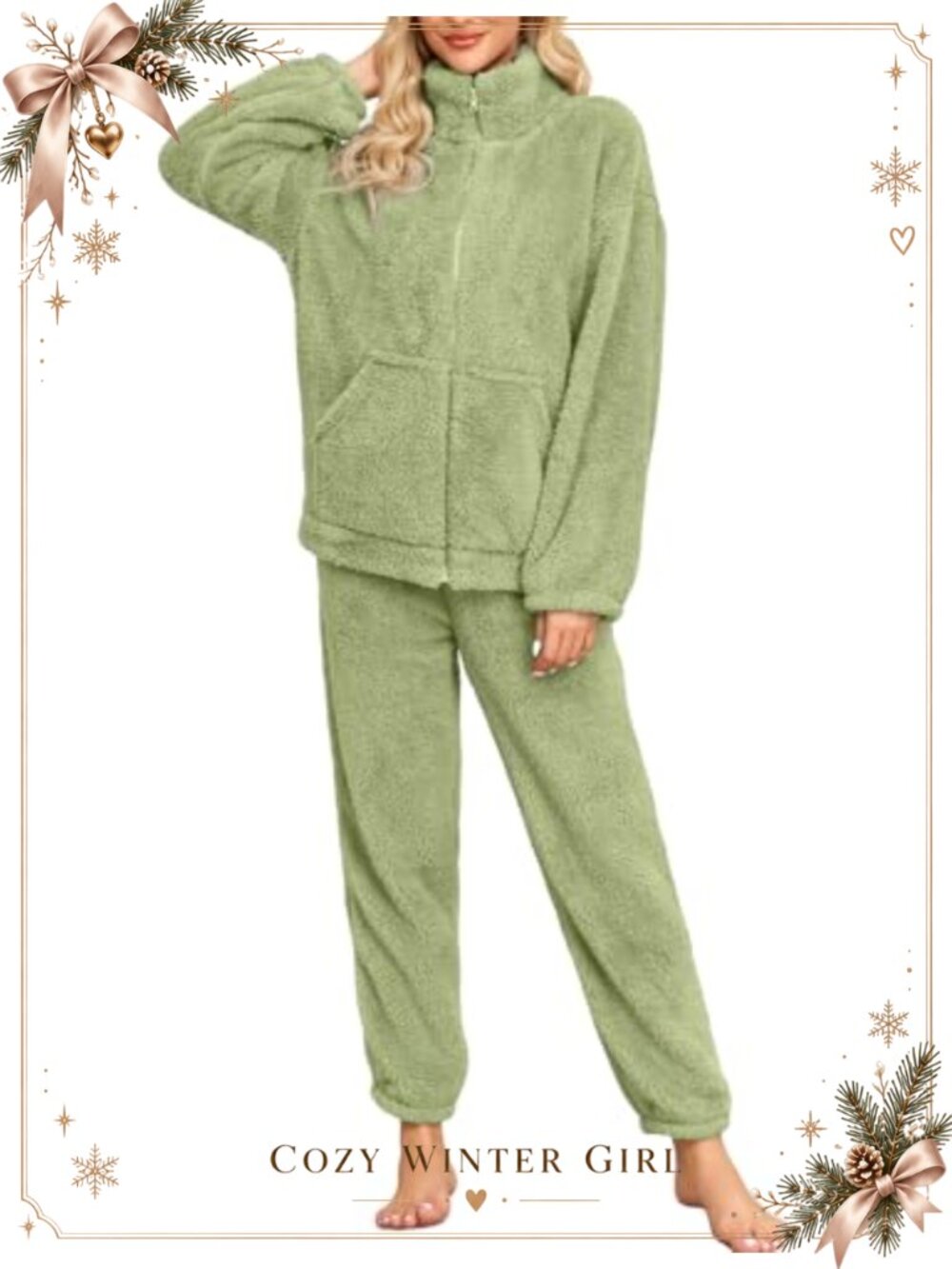 Women's Flannel Pajama Set Zip-Up Long Sleeve Top Pants Cozy Winter Loungewear